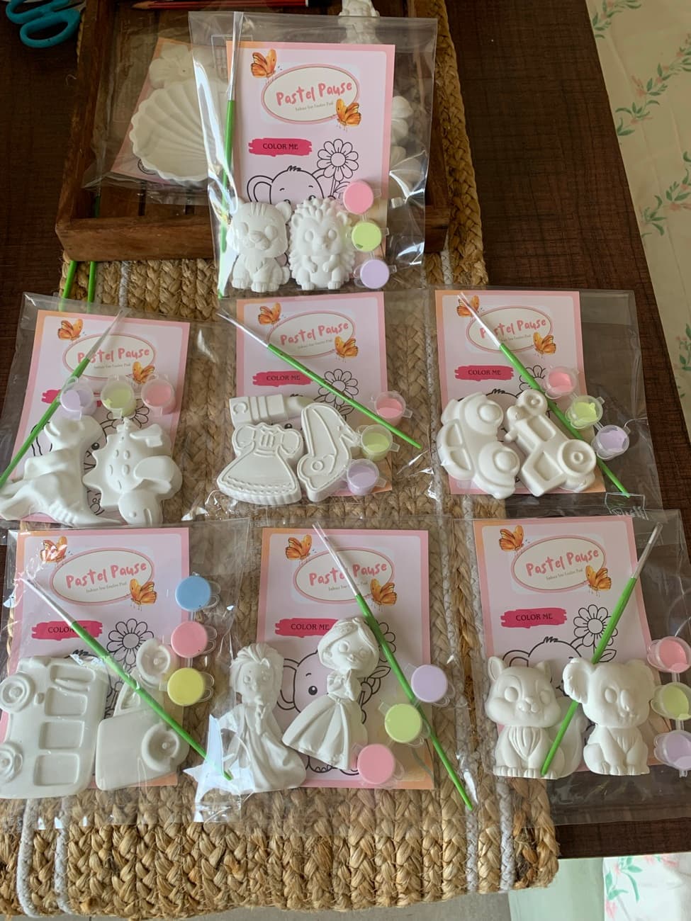 A spread of packed Pastel Pause kits ready to ship